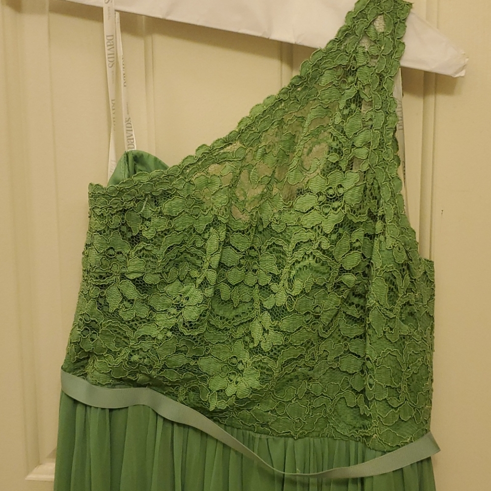 Forest green one shoulder, floor length dress